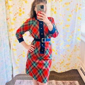 Vintage 1950s 1960s Plaid Dress with Original Belt